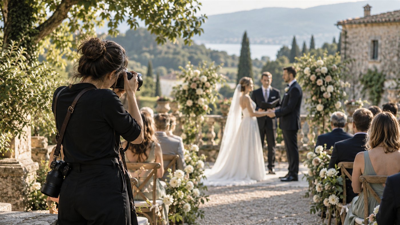 Wedding photographer photographing a couple during an outdoor ceremony